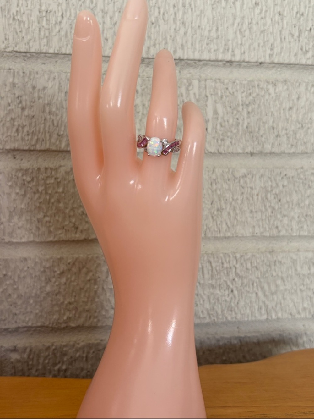 Genuine Lab Created Opal & Pink White Sapphire Ring Sterling Silver Size 7 - Picture 7 of 11